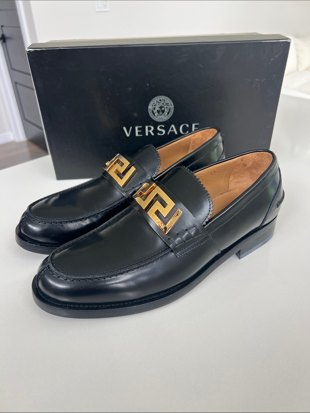 Versace black leather gold tone hardware loafers size 41